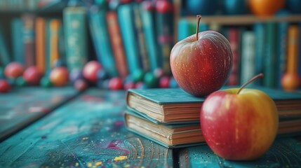 apples and books on a wooden table