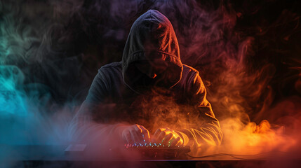 A man in a hoodie is typing on a keyboard in front of a smokey background - obrazy, fototapety, plakaty