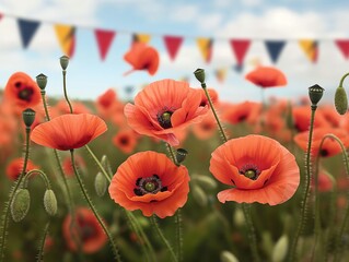 A field of red poppies with a blue and yellow banner in the background. The banner is waving in the wind - obrazy, fototapety, plakaty