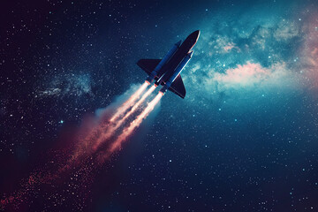 Rocket voyage, space plane silhouette, starry expanse, high-speed, intergalactic mission