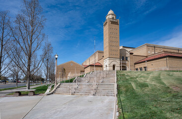 Staircase leading to the arena and its tower on the campus of Texas Tech University in the city of Lubbock