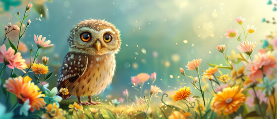 Bright-eyed illustrated owl stands amidst a sun-drenched field of wildflowers.
