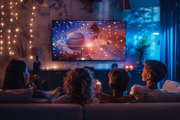 Small audience, TV with space adventure, back view, fun, starry room decoration