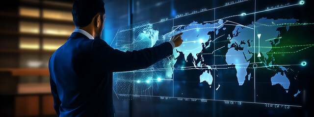 Businessman touching virtual icons representing data technology, big data and digital elements on a futuristic interface background with a business concept involving tech, generative ai - obrazy, fototapety, plakaty