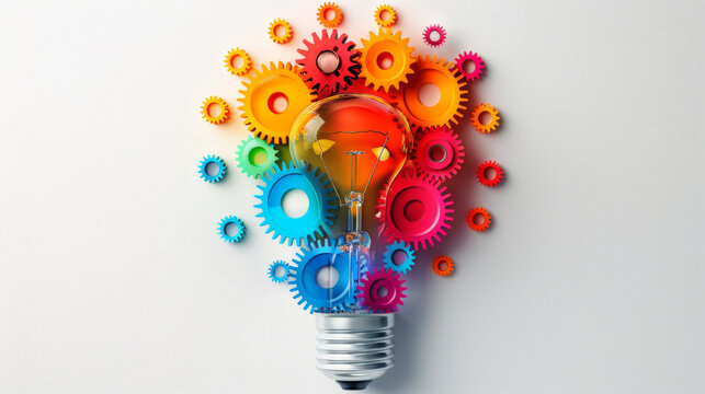 A light bulb filled with gears in various colors, representing an artistic take on creativity.