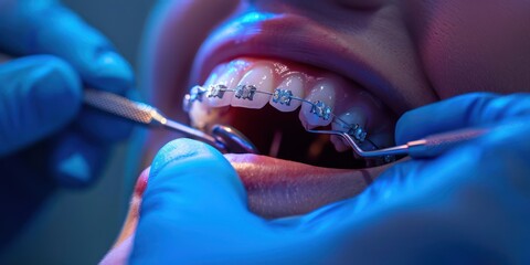 A close-up of orthodontic braces being applied to a patient's teeth.  - obrazy, fototapety, plakaty