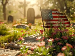A small American flag is placed on top of a grave marker. The flag is slightly damaged, and the flowers surrounding the grave marker are red. Concept of solemnity and respect for the deceased - obrazy, fototapety, plakaty