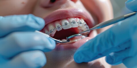 A close-up of orthodontic braces being applied to a patient's teeth.  - obrazy, fototapety, plakaty
