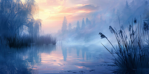 Tranquil lake scenery, foggy morning at sunrise. - 771455575
