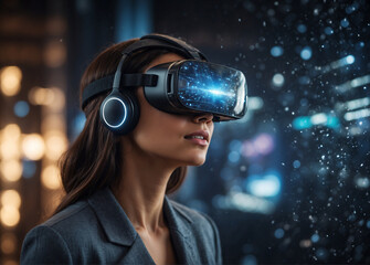 A beautiful woman wearing a virtual reality headset, immersed in a digital world where they are interacting with a lifelike AI.