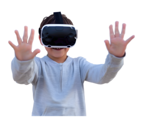 A boy wearing VR goggle glasses technology isolated on white transparent background, PNG File. Perfect for clipart