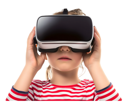 A boy wearing VR goggle glasses technology isolated on white transparent background, PNG File. Perfect for clipart