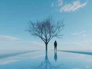 A man stands in front of a tree in a body of water. The sky is clear and blue, and the water is calm. Concept of solitude and contemplation, as the man stands alone in front of the tree