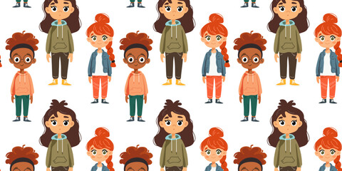 Seamless pattern with girls of different nationalities on a white background, vector illustration - obrazy, fototapety, plakaty