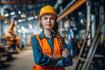 Portrait of Industry maintenance engineer woman wearing uniform and safety hard hat on factory station. Industry, Engineer, construction concept, Generative AI 