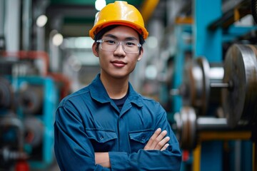 Portrait of Asian male engineer worker or industrial maintenance worker enjoy working in factory, Generative AI 