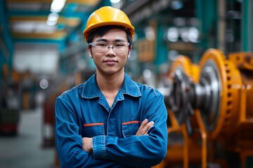 Portrait of Asian male engineer worker or industrial maintenance worker enjoy working in factory, Generative AI 