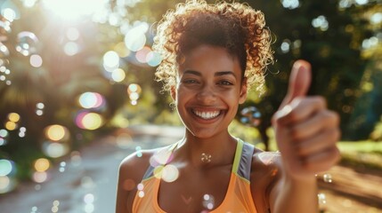Joyful woman in exercise clothes, giving a thumbs up with a bokeh light effect and sun flare, showcasing happiness and positivity.