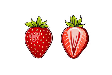 Vector illustration of ripe strawberries on a white background. Whole berry and in section.