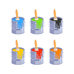 Illustration of paint cans of different colors in a simple style. Paint buckets in a simple minimalistic look.