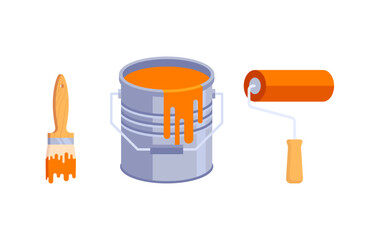 Illustration of a can of orange paint and a brush and roller. A bucket of paint, a roller and a brush.