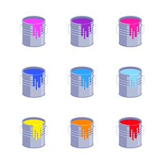 Illustration of paint cans of different colors in a simple style. Paint buckets in a simple minimalistic look.