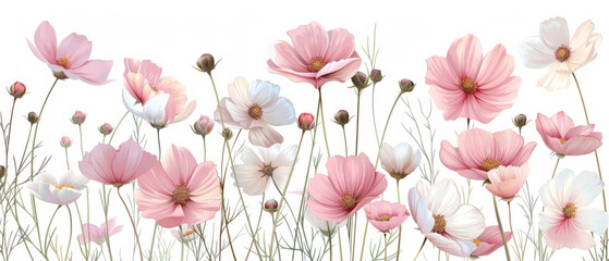 An expansive field of soft pink and white cosmos flowers under a clear sky, conveying tranquility.