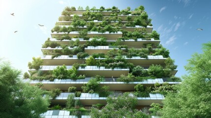 Fototapeta premium A building adorned with lush greenery, numerous balconies, and towering trees, harmonizing urban design with nature's touch in the cityscape. AIG41