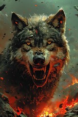 Intense Wolf in Fiery Landscape. Dramatic Wildlife Illustration for Fantasy Art and Themed Game Design