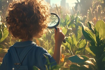 A child holds a magnifying glass to look at insects in a school garden during an environment learning lesson