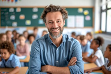 Portrait of smiling male teacher in a class at elementary school looking at camera with learning students on background, Generative AI 
