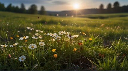 Beautiful spring landscape with meadow flowers and daisies in the grass. Natural summer panorama.