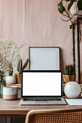 Laptop with blank white screen on office desk interior. Stylish gold workplace mockup table view, Generative AI 