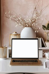 Fototapeta na wymiar Laptop with blank white screen on office desk interior. Stylish gold workplace mockup table view, Generative AI 