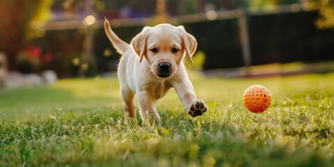 A playful puppy chasing a ball in the backyard. 