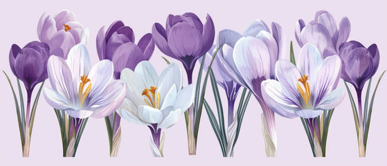 A beautifully illustrated array of purple and white crocus flowers, capturing the essence of spring.