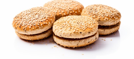 Four sesame seed hamburger buns topped with chocolate, perfect for making sandwich cookies or enjoying as a delicious baked goods treat. Fast food meets dessert