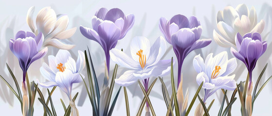 A serene display of white and purple crocuses, symbolizing spring and renewal.