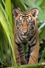 Front view of one tiger on outdoor background.