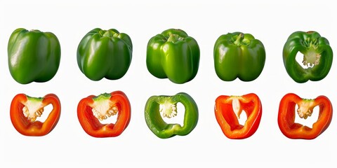 Set of fresh whole and sliced green bell pepper isolated on white background. With clipping path. Full depth of field. Focus stacking, Generative AI 