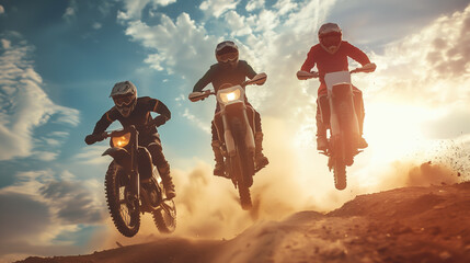 Motocross riders jumping over sand dune at sunset, outdoors, sports race, biker, cycling