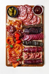 Appetizers with differents antipasti, charcuterie, meat snacks isolated on white background with clipping path. Full Depth of field. Focus stacking. PNG, Generative AI 