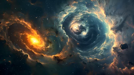 Foto op Canvas  A cosmic abstract background with swirling galaxies and nebulae, a glowing blue spiral galaxy in the center surrounded by orange swirls of light and dark clouds, in the style of fantasy art © Art_spiral