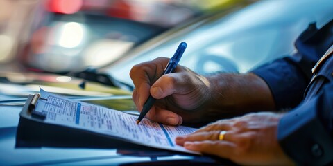 A police officer writing a traffic ticket for a speeding violation.