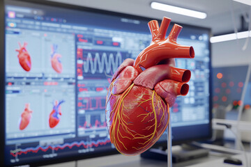 3D animated heart in a medical classroom setting, enhancing the educational experience in cardiology and health studies. - obrazy, fototapety, plakaty