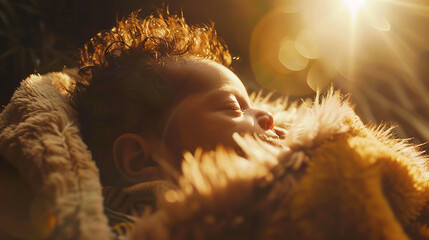 sleeping newborn baby in blanket, sunlight. Generative Ai. - obrazy, fototapety, plakaty