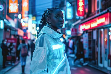A model in an urban setting, clad in futuristic apparel, Generative Ai