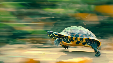 Turtle triumph, a slow-paced race where one overtakes with determination, motion blur enhancing the gradual victory - obrazy, fototapety, plakaty