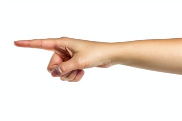 Woman hand pointing, touching, pressing or counting isolated on white background, with clipping path. Full Depth of field. Focus stacking, Generative AI 