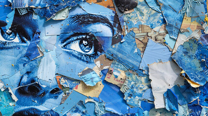 background of British collage, glued, blue tone, top view. Generative Ai.